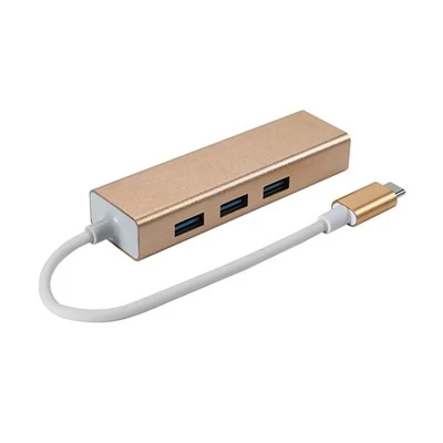 Koncentrator USB 3.1 typu C na 3 porty USB z przewodem adaptera Ethernet.