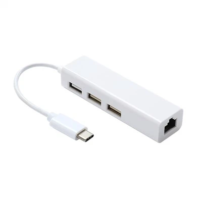 Koncentrator USB C na 3 gniazda USB 2.0 z przewodem adaptera Ethernet w kolorze białym